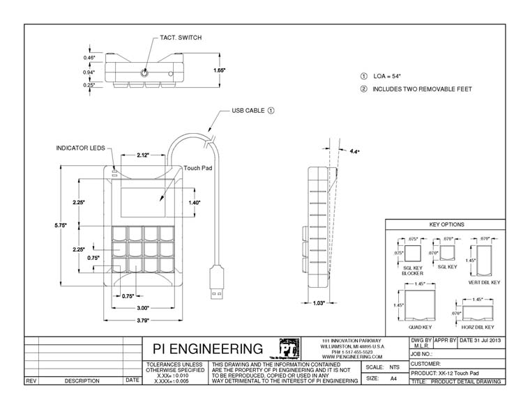 X-keys XK-24 Dimensioned Drawing